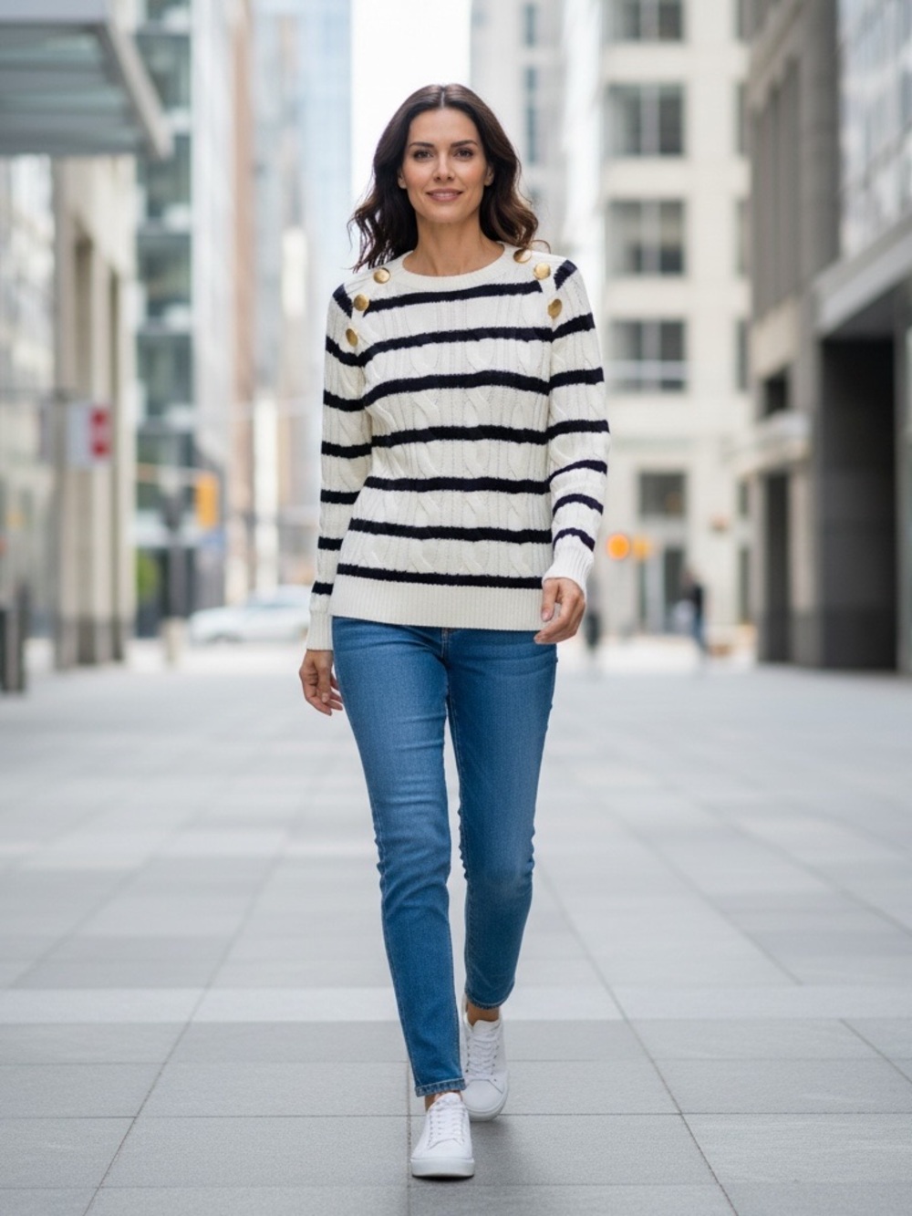 Talbots Cream and Black Striped Cable Knit Sweater with Gold Buttons